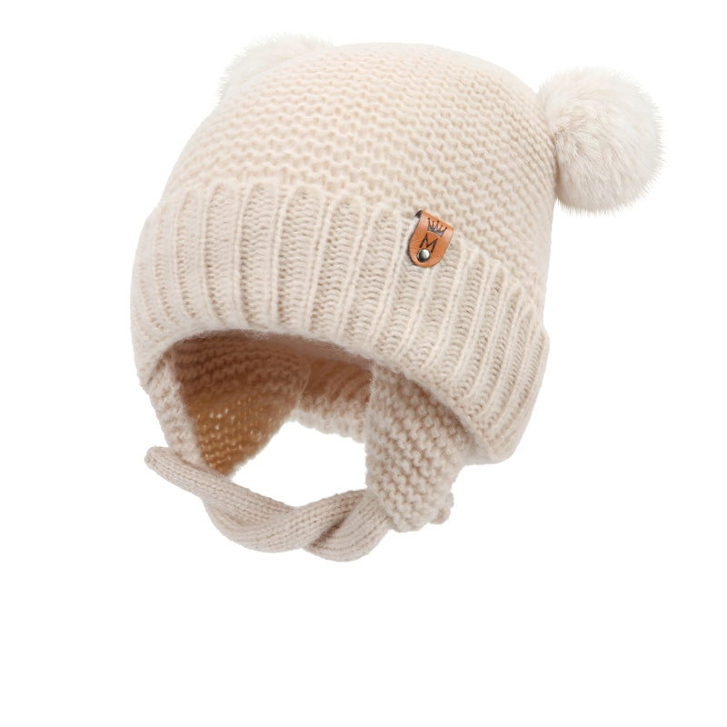 Cute Knitted Baby Hat with Double Ball and Ear Protection
