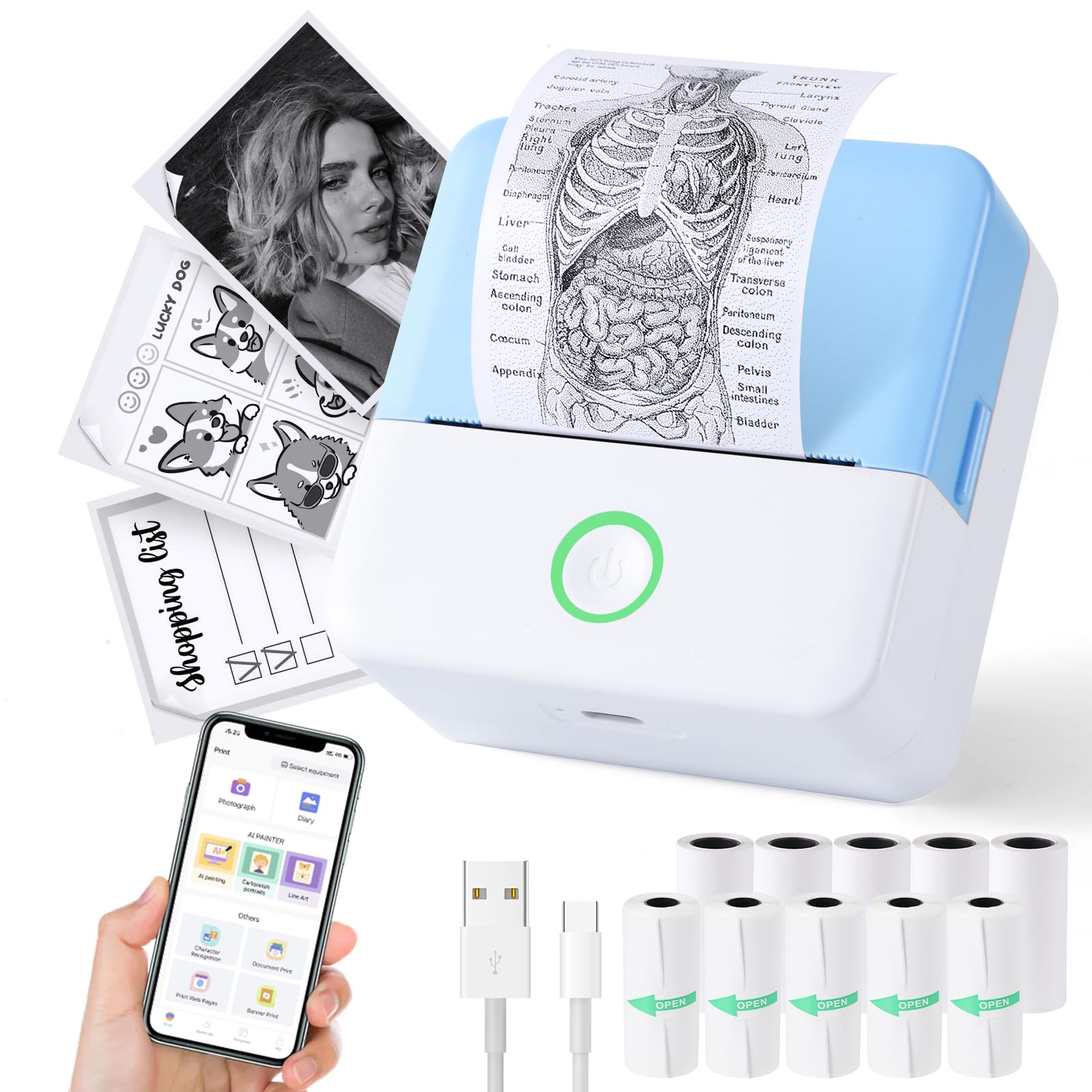 Thermal Mini Printer Portable Inkless Sticker Maker Bluetooth Printer for Phone Wireless Label Printer with Tape Free Cut Small Pocket Printer for Notes&Children DIY Compatible with iOS&Android