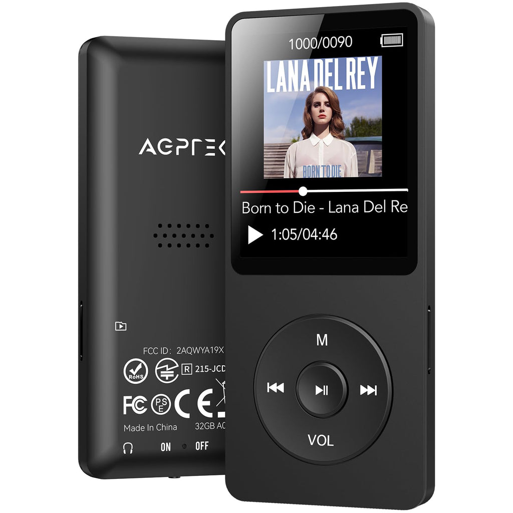 AGPTEK A02 MP3 Player with Bluetooth 5.3 1.8 inch Screen Portable Music Player with Speaker FM Radio Voice Recorder Supports Expanded Up to 128GB(Black 32GB)