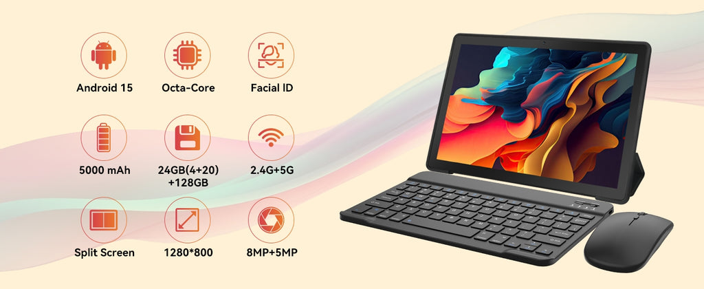 URAO 10 Inch Android 15 Tablet 8 Core Tablets 24GB+128GB 1TB Expansion WiFi6 5MP+8MP Stylus Keyboard Mouse Headphone PC PAD Set