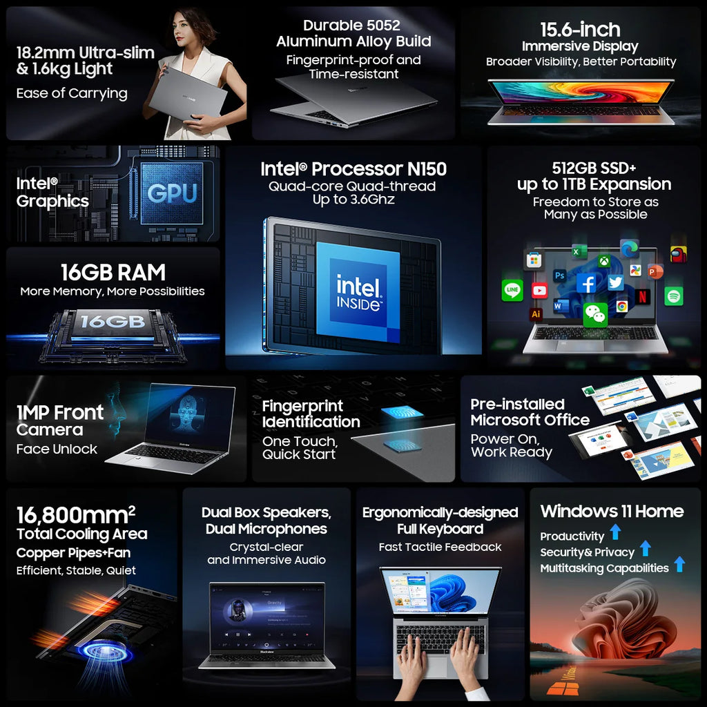 Blackview AceBook 8 Laptop 15.6"  Intel Processor N150 16GB RAM 512GB SSD + expansion up to 1TB Windows 11 Home 15.6"