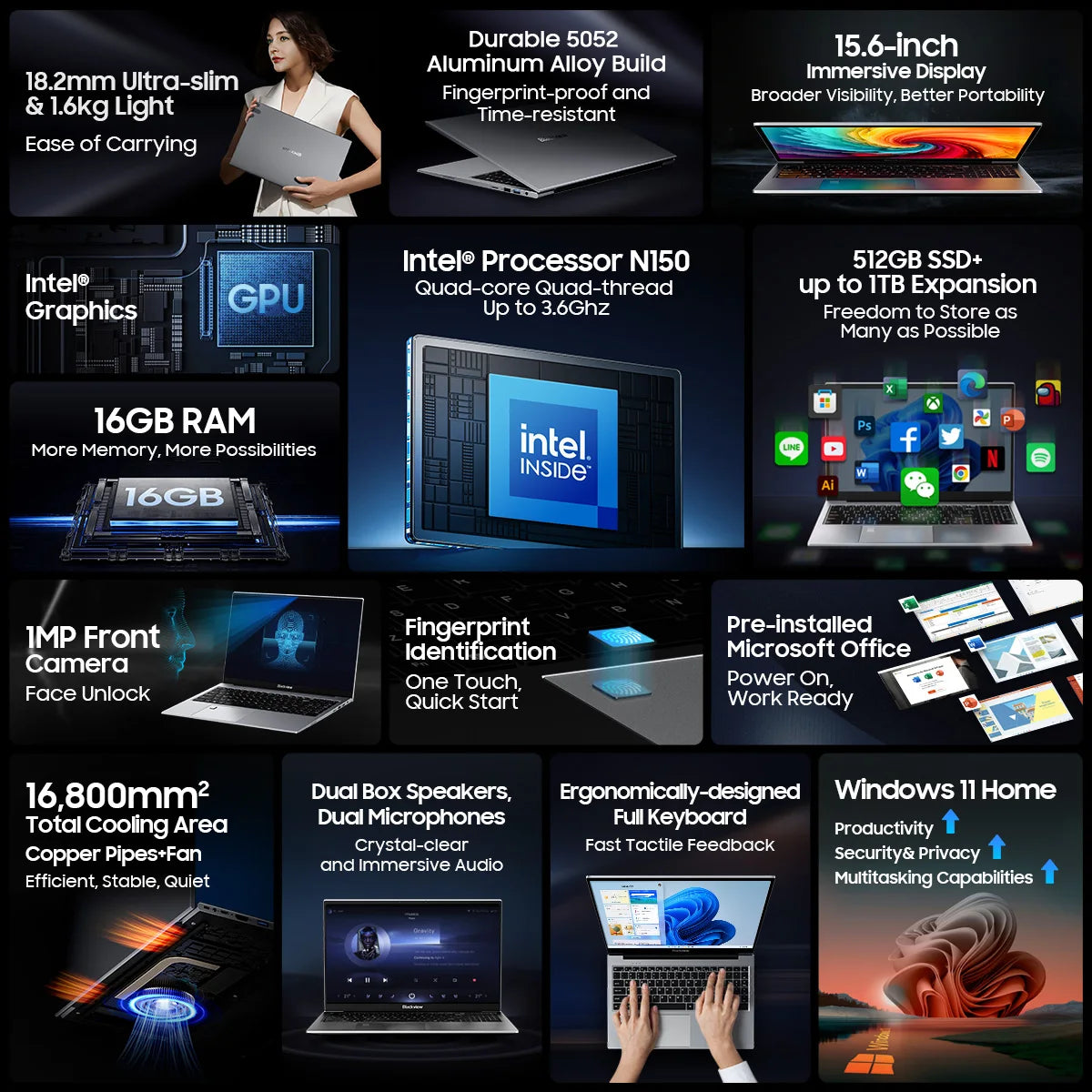 Blackview AceBook 8 Laptop 15.6"  Intel Processor N150 16GB RAM 512GB SSD + expansion up to 1TB Windows 11 Home 15.6"
