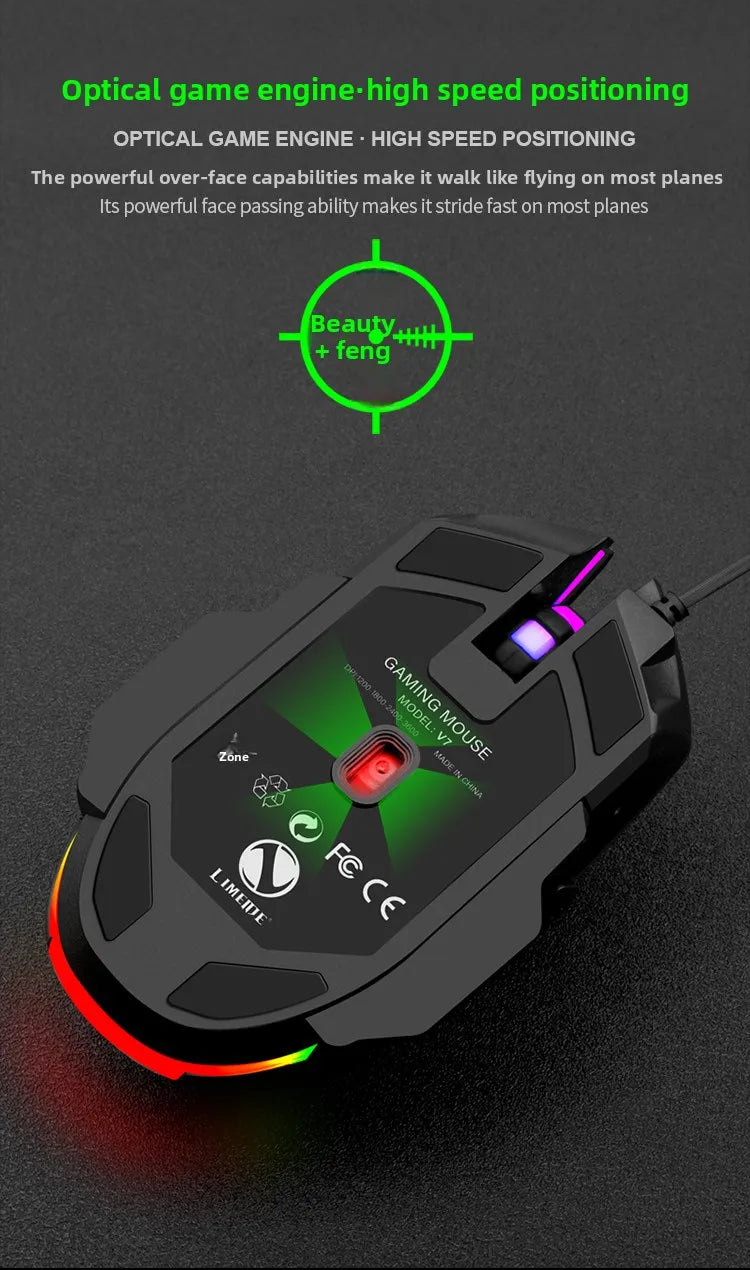 1pc V7 Mechanical Gaming Mouse with LED Lights, Wired Notebook Mouse for Laptop & Desktop Computers, Ambidextrous Plastic Design