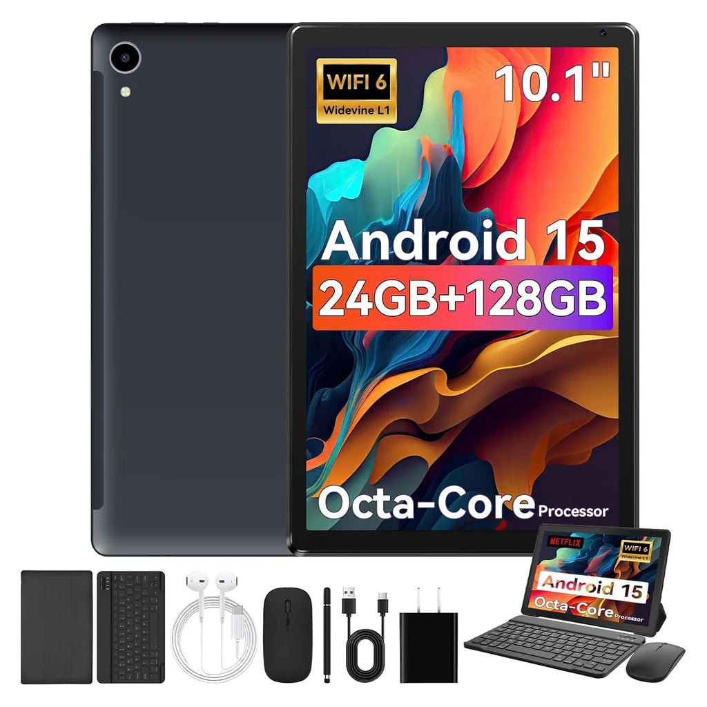 URAO 10 Inch Android 15 Tablet 8 Core Tablets 24GB+128GB 1TB Expansion WiFi6 5MP+8MP Stylus Keyboard Mouse Headphone PC PAD Set