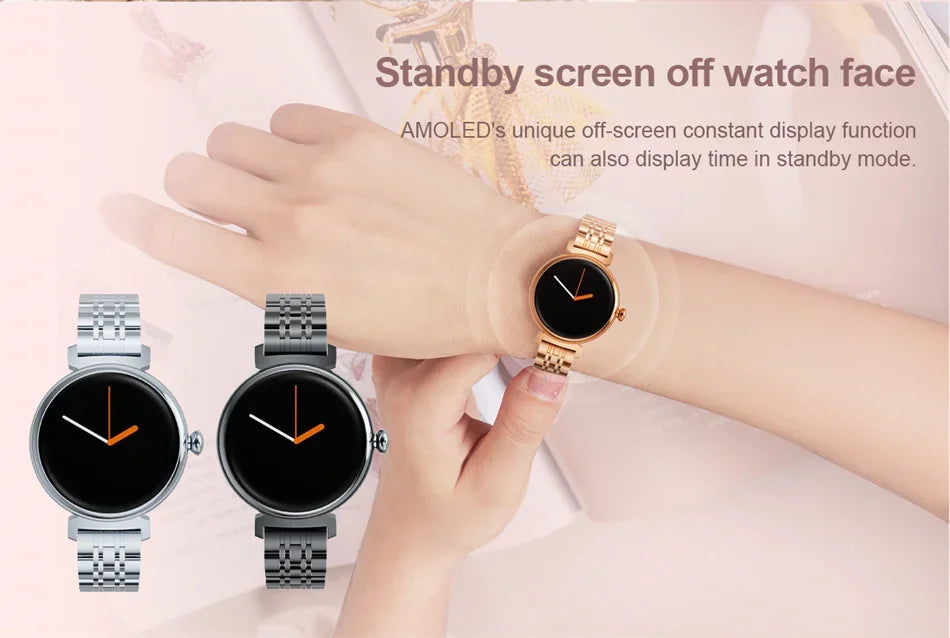 1.04 inch AMOLED Screen Fashion Ladies Smart Watch Screen Always Display Bluetooth Call Smartwatch Metal Body Small Screen Watch