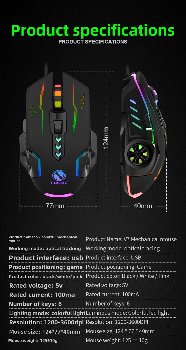 1pc V7 Mechanical Gaming Mouse with LED Lights, Wired Notebook Mouse for Laptop & Desktop Computers, Ambidextrous Plastic Design
