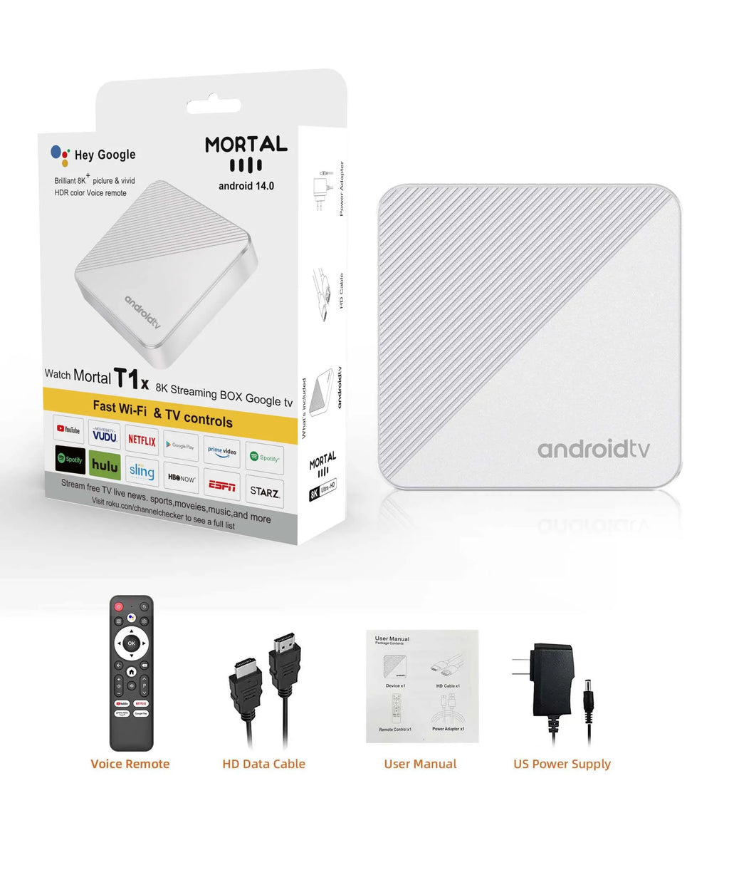 Mortal TV Box Android14 T1X Voice Netflix Chromecast Wifi 6 BT5.0 4K HDR10 Youtube H313 Streaming Media Player Games Set Top Box