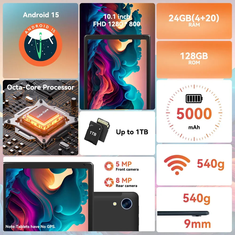 URAO 10 Inch Android 15 Tablet 8 Core Tablets 24GB+128GB 1TB Expansion WiFi6 5MP+8MP Stylus Keyboard Mouse Headphone PC PAD Set