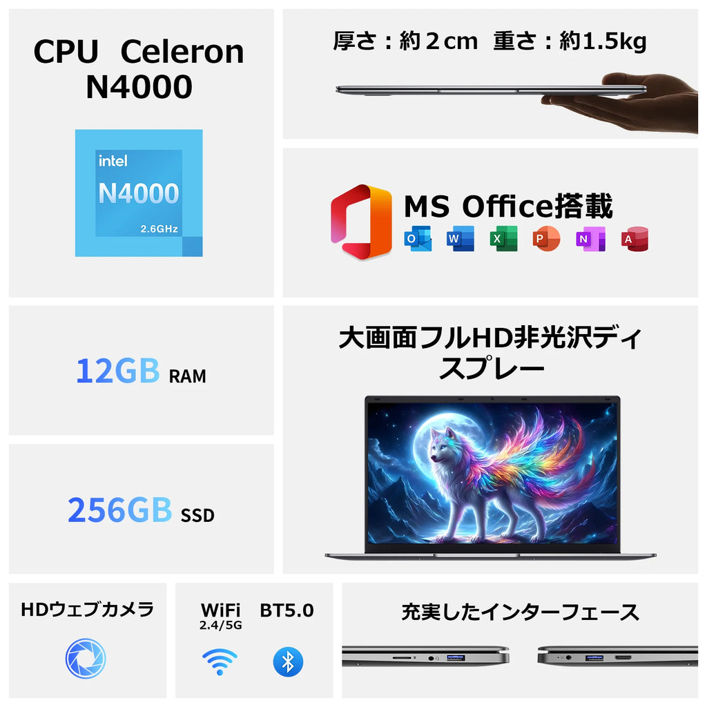 15.6 "Thin & Portable Laptop Computer Intel Celeron N4000 12GB RAM 256GB SSD FHD 1920x1080 16:9 Display For Work And Study
