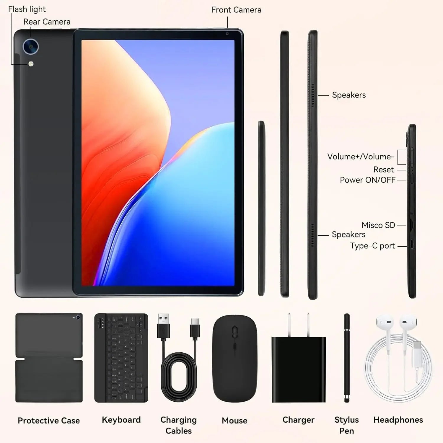 URAO 10 Inch Android 15 Tablet 8 Core Tablets 24GB+128GB 1TB Expansion WiFi6 5MP+8MP Stylus Keyboard Mouse Headphone PC PAD Set