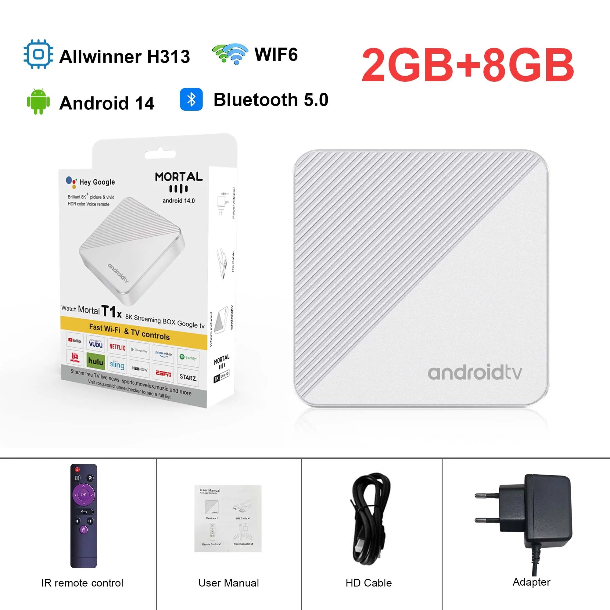 Mortal TV Box Android14 T1X Voice Netflix Chromecast Wifi 6 BT5.0 4K HDR10 Youtube H313 Streaming Media Player Games Set Top Box