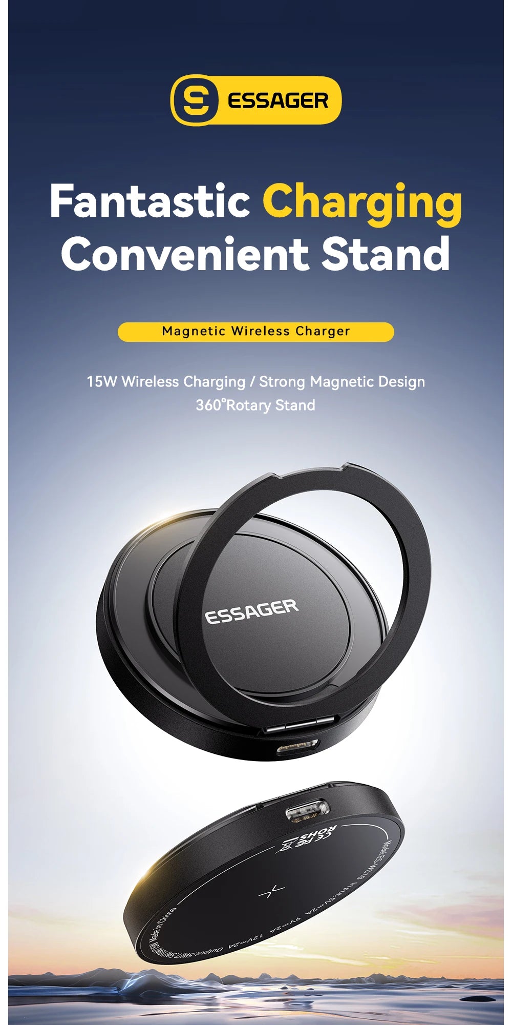 Essager Magnetic Wireless Charger With Holder 15W Fast Charging For iPhone 13+ / Pro Max, Airpods, Mini Wireless Phone Charger