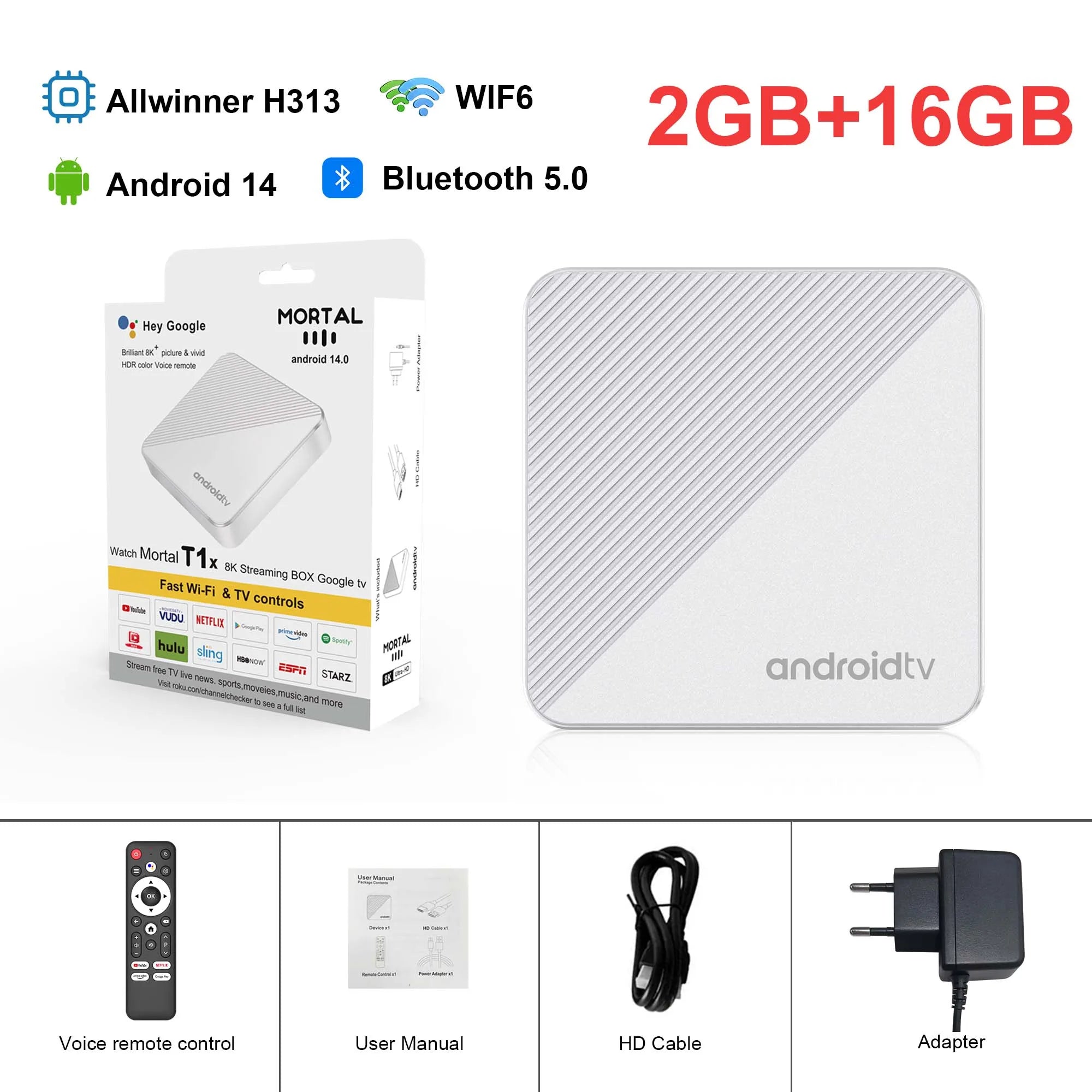 Mortal TV Box Android14 T1X Voice Netflix Chromecast Wifi 6 BT5.0 4K HDR10 Youtube H313 Streaming Media Player Games Set Top Box