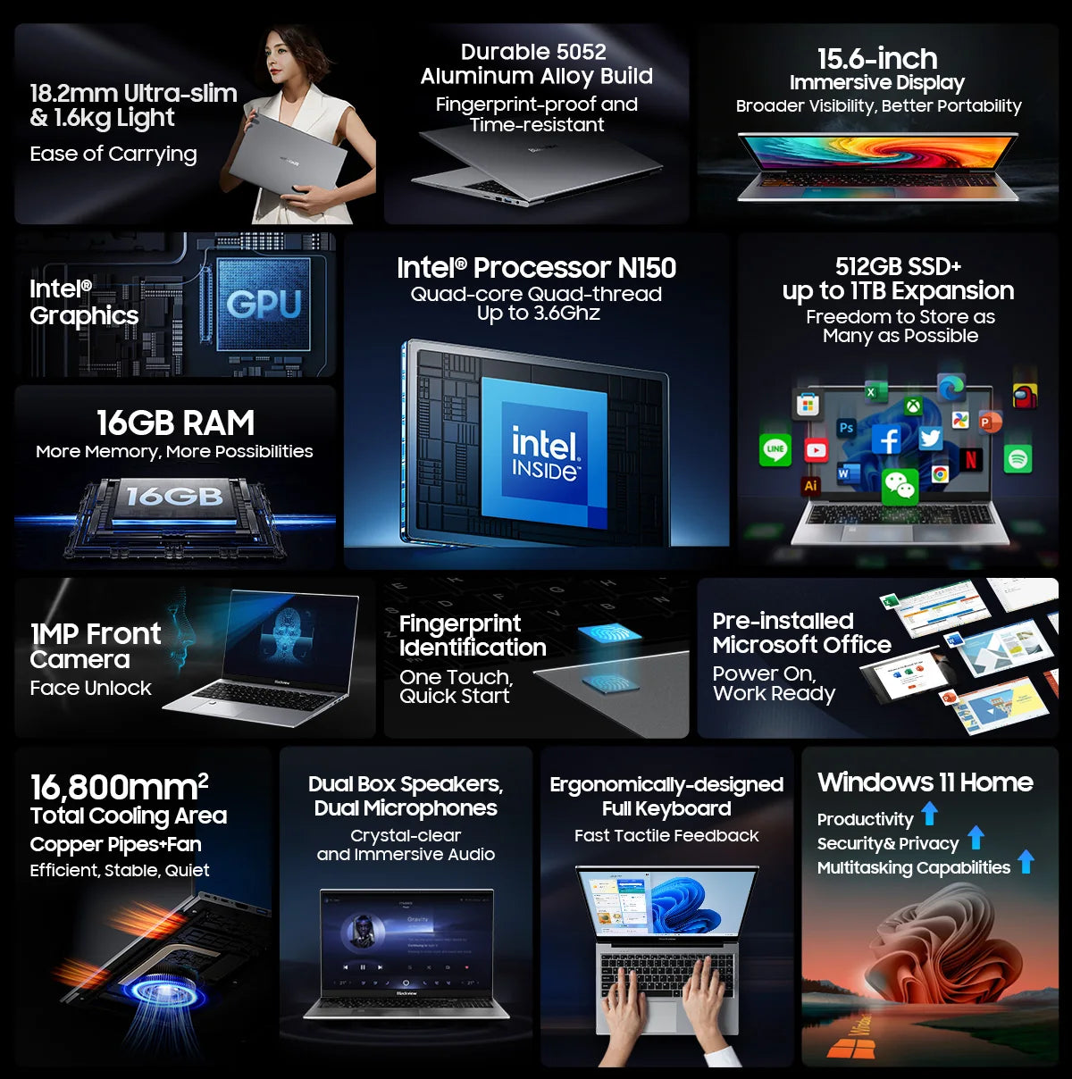 Blackview AceBook 8 Laptop 15.6"  Intel Processor N150 16GB RAM 512GB SSD + expansion up to 1TB Windows 11 Home 15.6"
