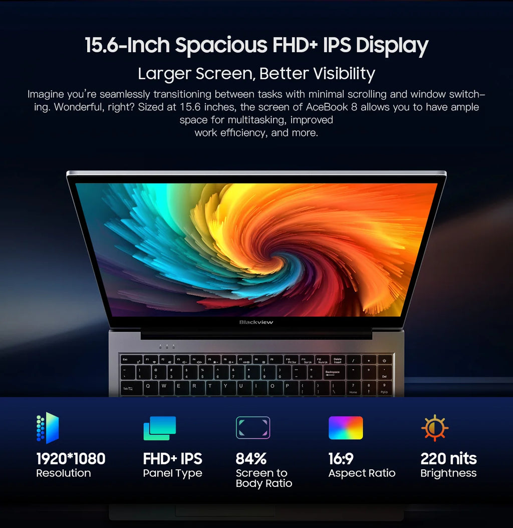 Blackview AceBook 8 Laptop 15.6"  Intel Processor N150 16GB RAM 512GB SSD + expansion up to 1TB Windows 11 Home 15.6"