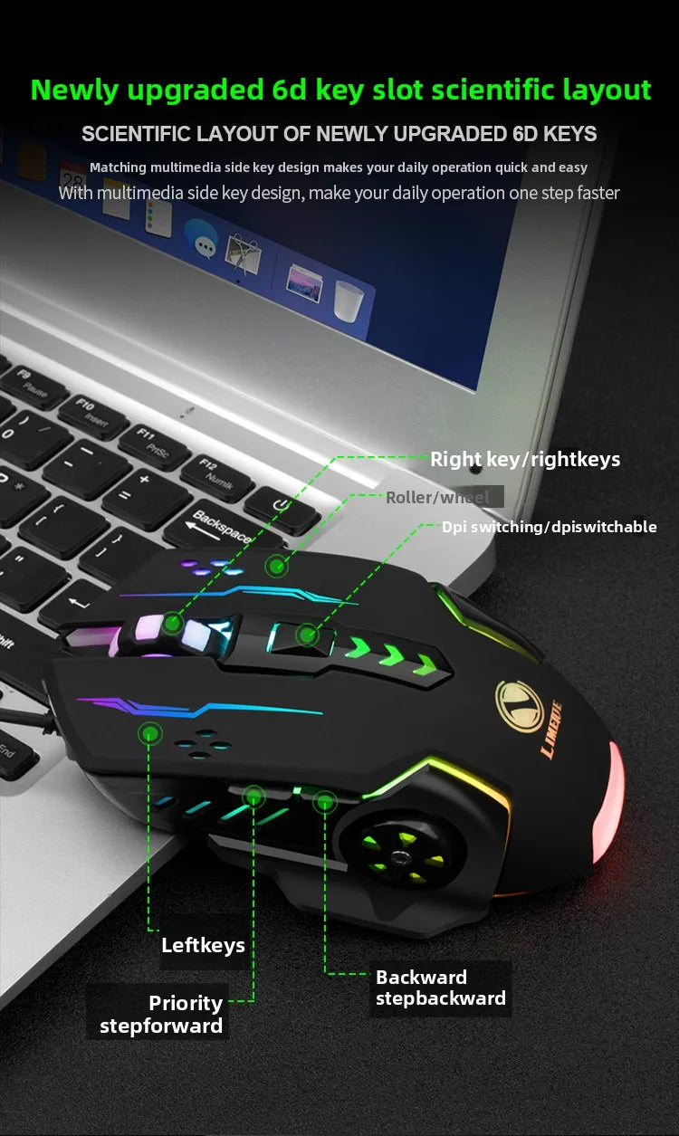 1pc V7 Mechanical Gaming Mouse with LED Lights, Wired Notebook Mouse for Laptop & Desktop Computers, Ambidextrous Plastic Design