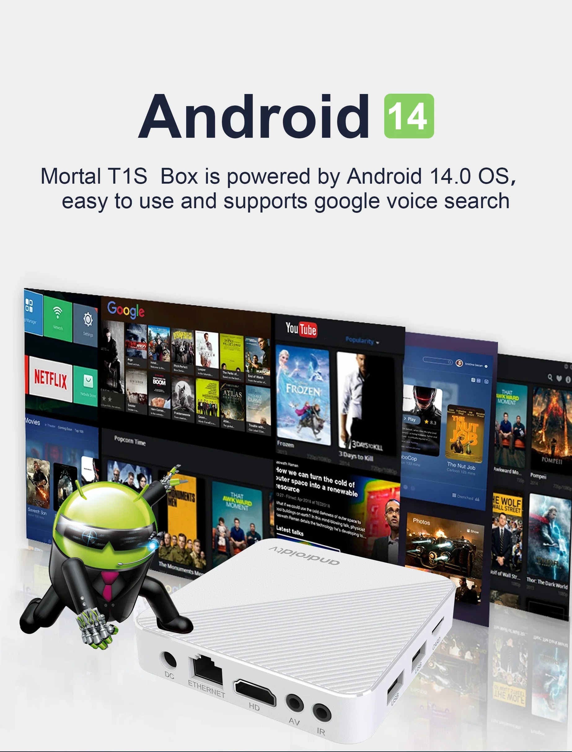 Mortal TV Box Android14 T1X Voice Netflix Chromecast Wifi 6 BT5.0 4K HDR10 Youtube H313 Streaming Media Player Games Set Top Box
