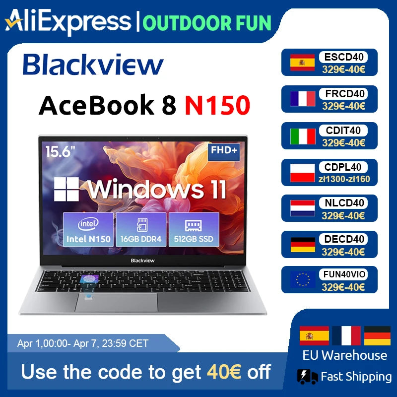 Blackview AceBook 8 Laptop 15.6"  Intel Processor N150 16GB RAM 512GB SSD + expansion up to 1TB Windows 11 Home 15.6"