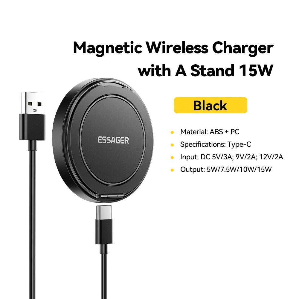 Essager Magnetic Wireless Charger With Holder 15W Fast Charging For iPhone 13+ / Pro Max, Airpods, Mini Wireless Phone Charger