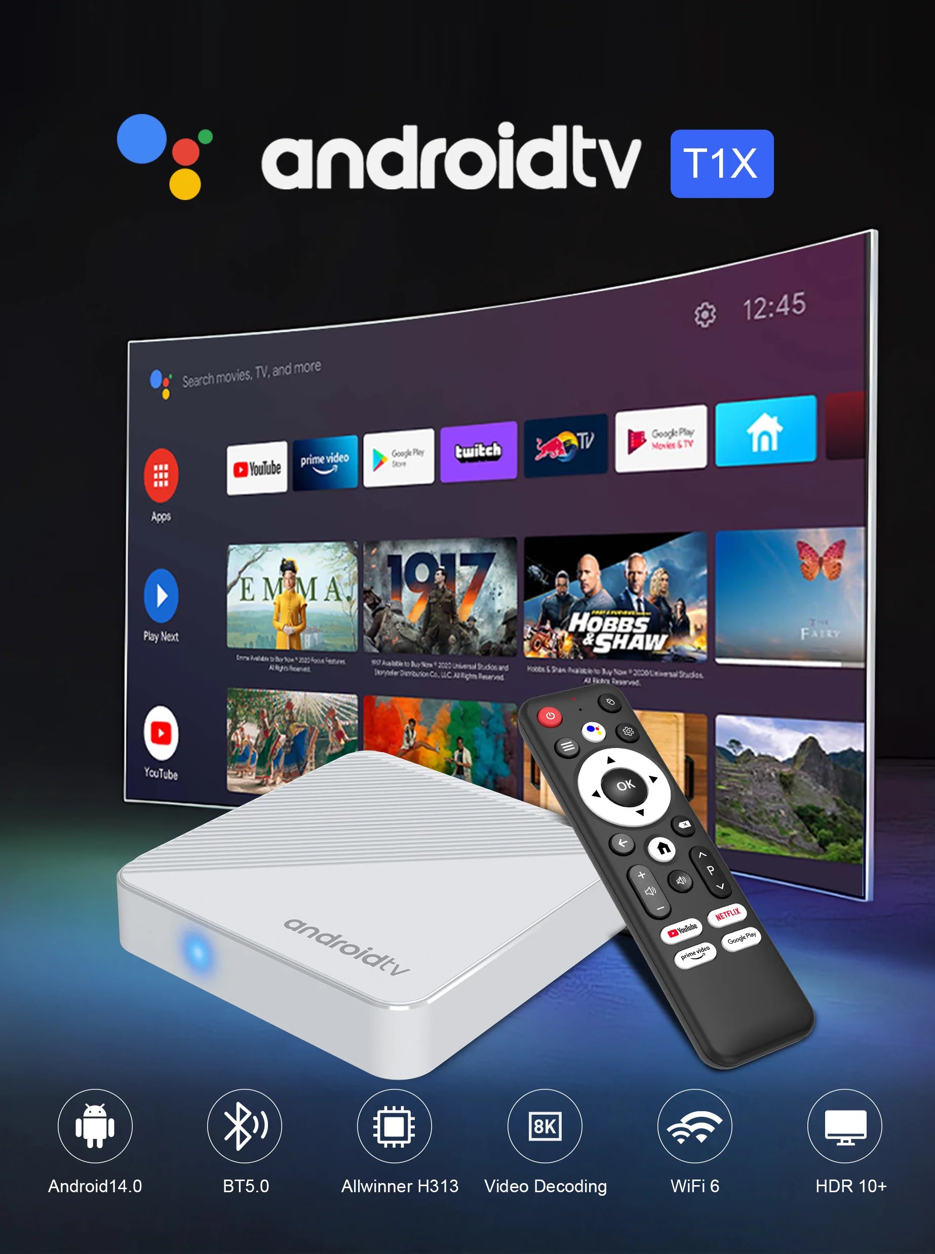 Mortal TV Box Android14 T1X Voice Netflix Chromecast Wifi 6 BT5.0 4K HDR10 Youtube H313 Streaming Media Player Games Set Top Box