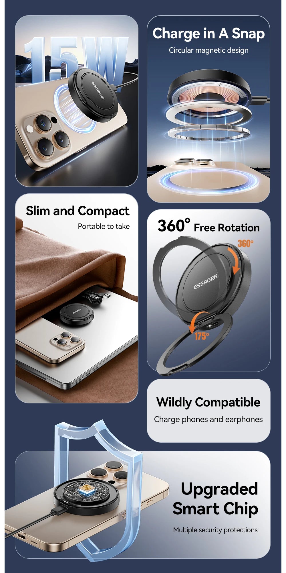 Essager Magnetic Wireless Charger With Holder 15W Fast Charging For iPhone 13+ / Pro Max, Airpods, Mini Wireless Phone Charger
