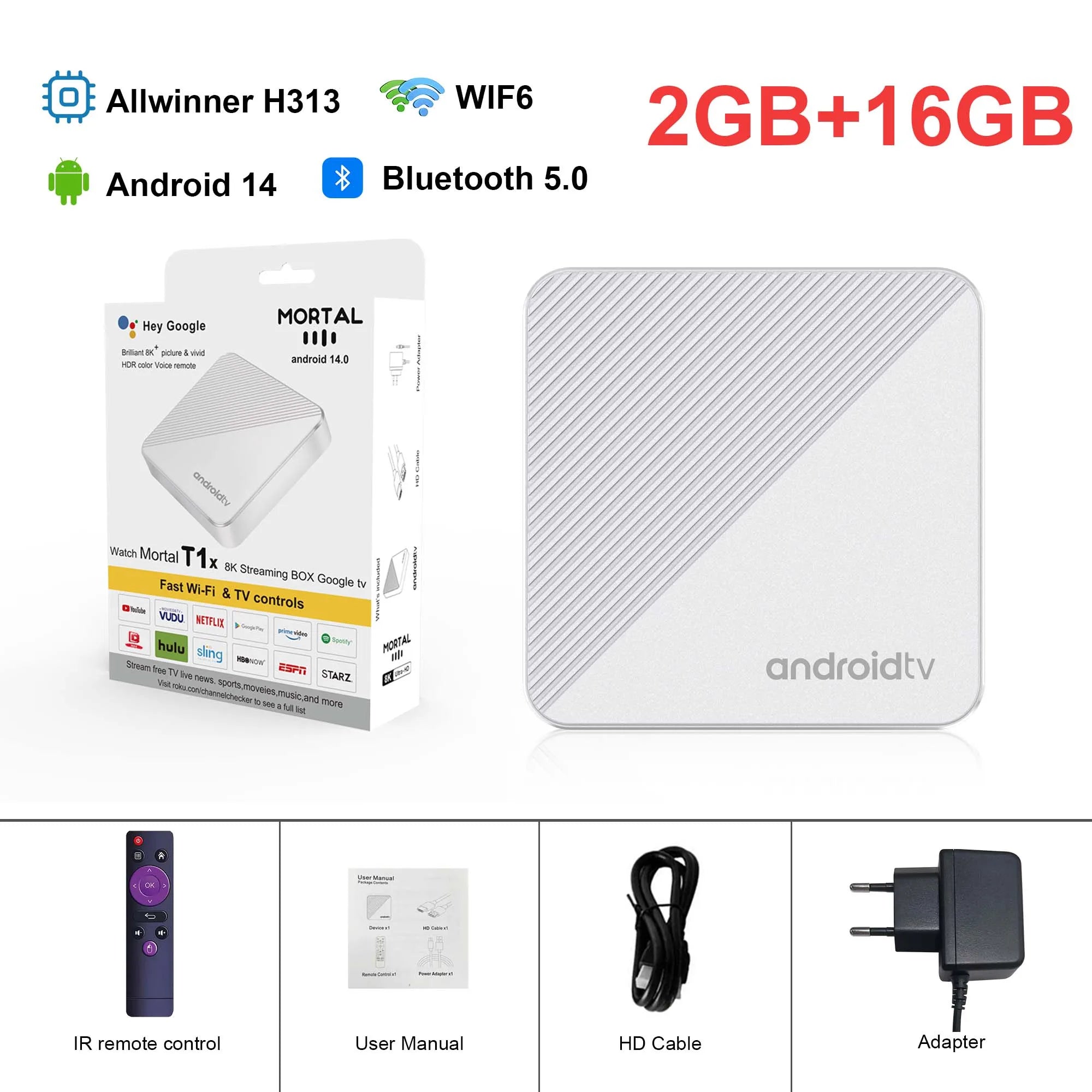 Mortal TV Box Android14 T1X Voice Netflix Chromecast Wifi 6 BT5.0 4K HDR10 Youtube H313 Streaming Media Player Games Set Top Box