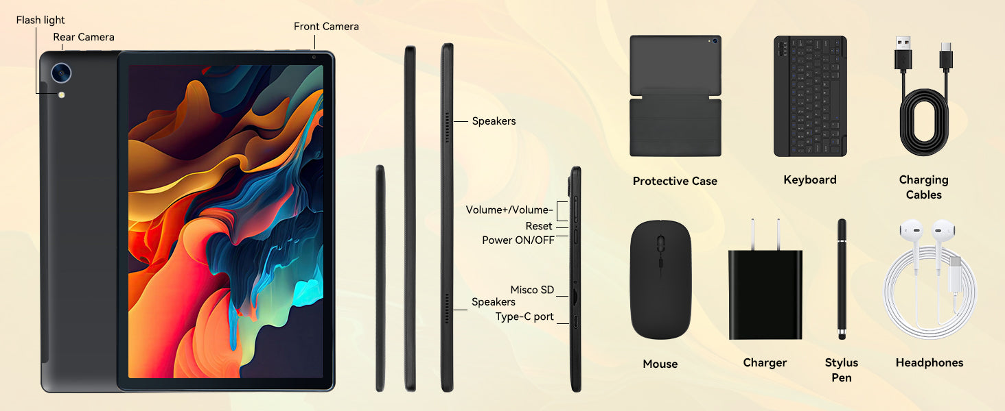 URAO 10 Inch Android 15 Tablet 8 Core Tablets 24GB+128GB 1TB Expansion WiFi6 5MP+8MP Stylus Keyboard Mouse Headphone PC PAD Set