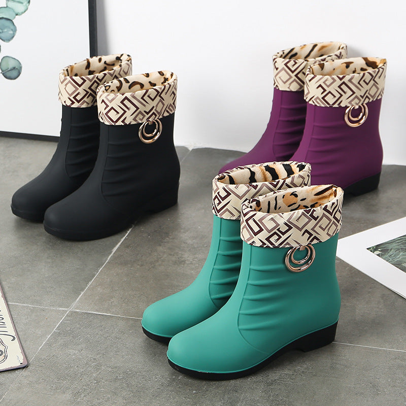 Women's Velvet Rain Boots - Non-slip Mid Tube Design