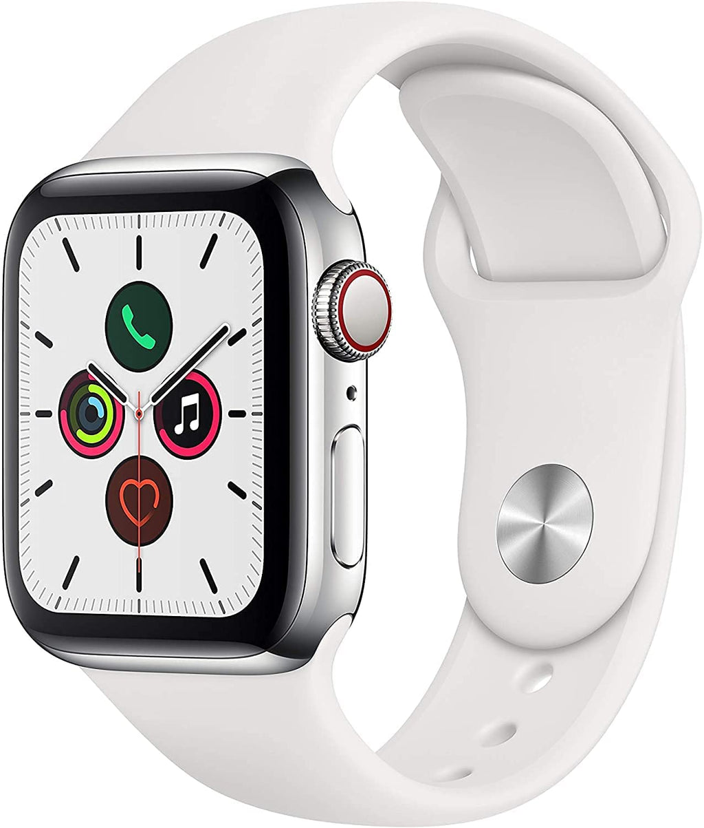 Apple Watch Series 5 (GPS + Cellular 40MM) - Silver Stainless Steel Case with White Sport Band (Renewed)