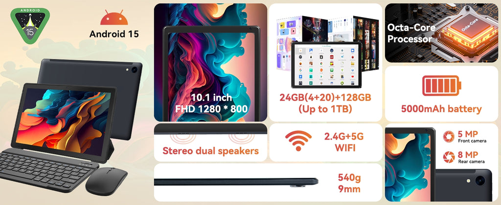 URAO 10 Inch Android 15 Tablet 8 Core Tablets 24GB+128GB 1TB Expansion WiFi6 5MP+8MP Stylus Keyboard Mouse Headphone PC PAD Set