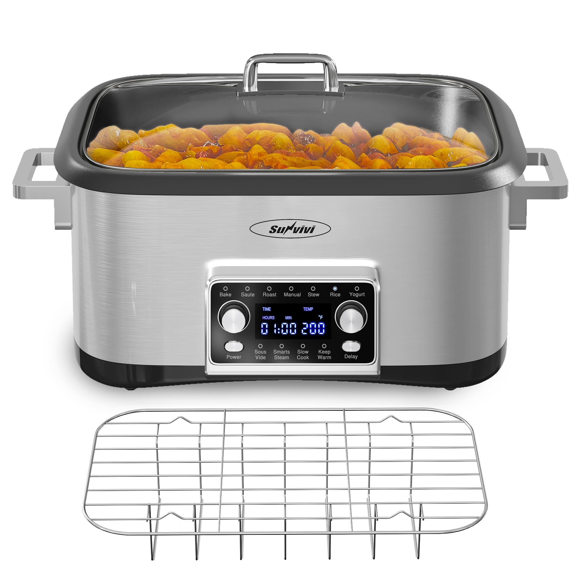 Sunvivi Programmable 8 Quart Slow Cooker 12 in 1 Multi-Cooker Food Warmer with Digital Timer Temp Control Removable Cast Aluminum Pot & Dishwasher-Safe Tempered Glass Lid Stainless Steel